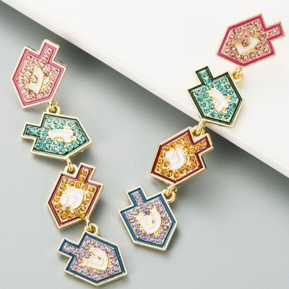 Cb4 HANUKKAH DREIDEL RHINESTONE EARRINGS - Picture 1 of 8